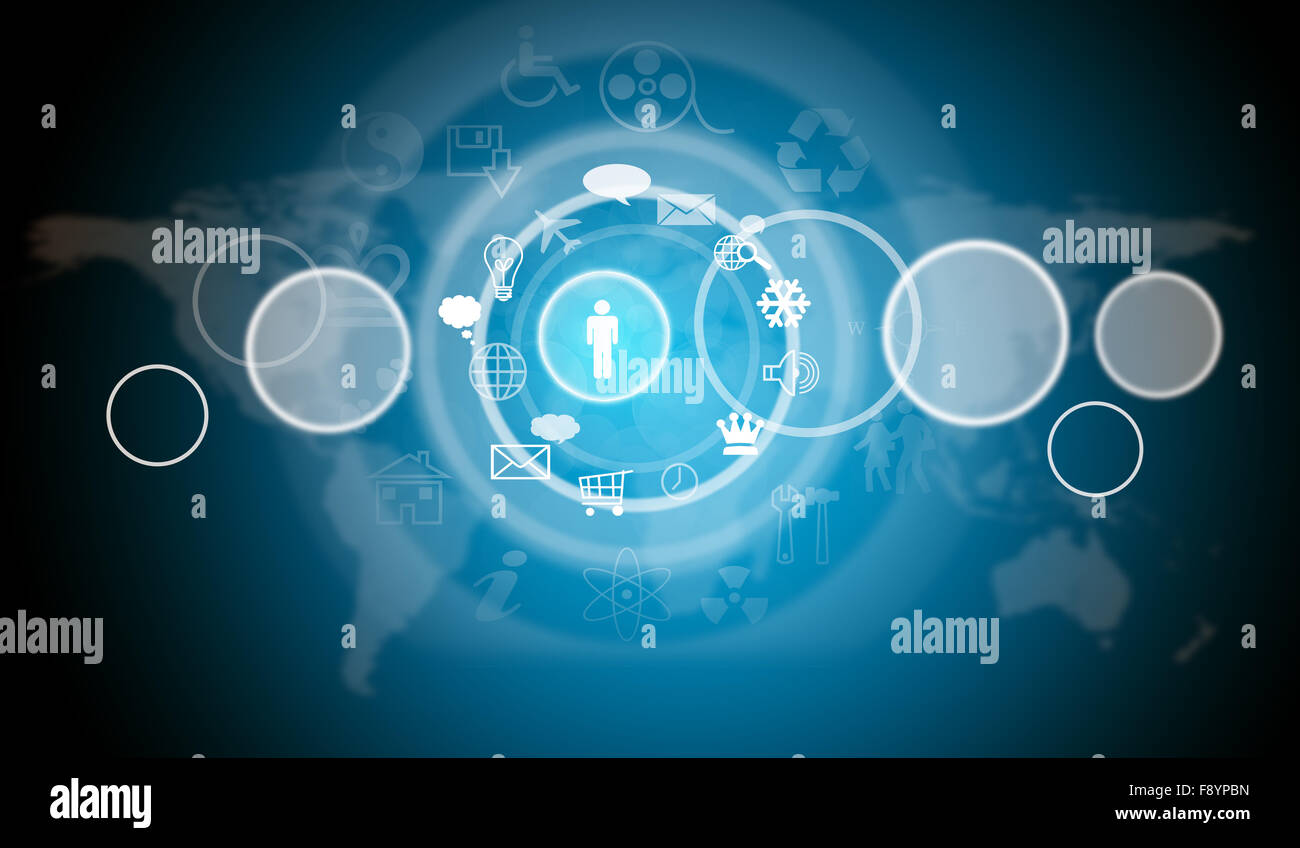 World map with computer icons on blue Stock Photo - Alamy