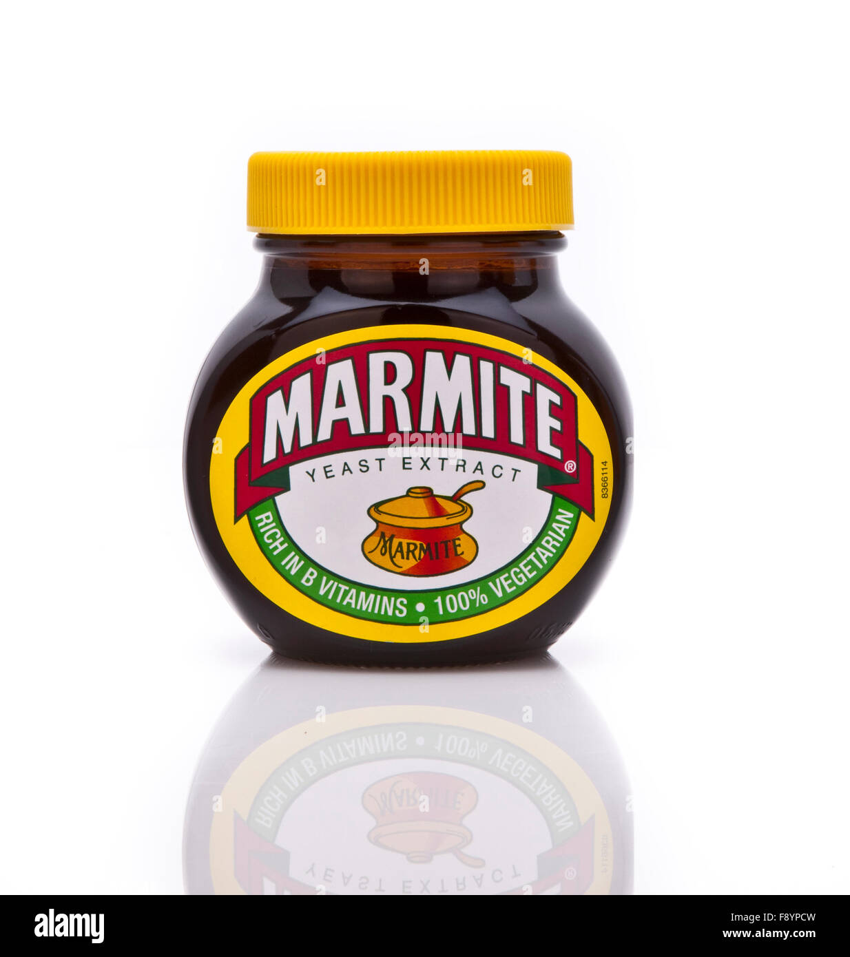 Jar of Marmite on a white background Stock Photo