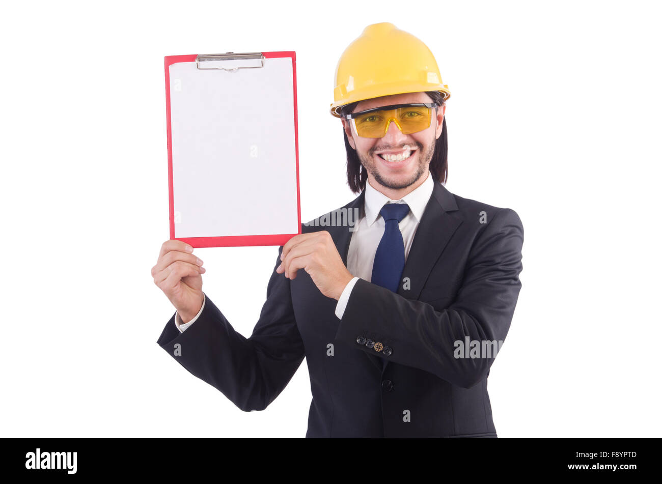 Businessman builder with binder isolated on white Stock Photo Alamy