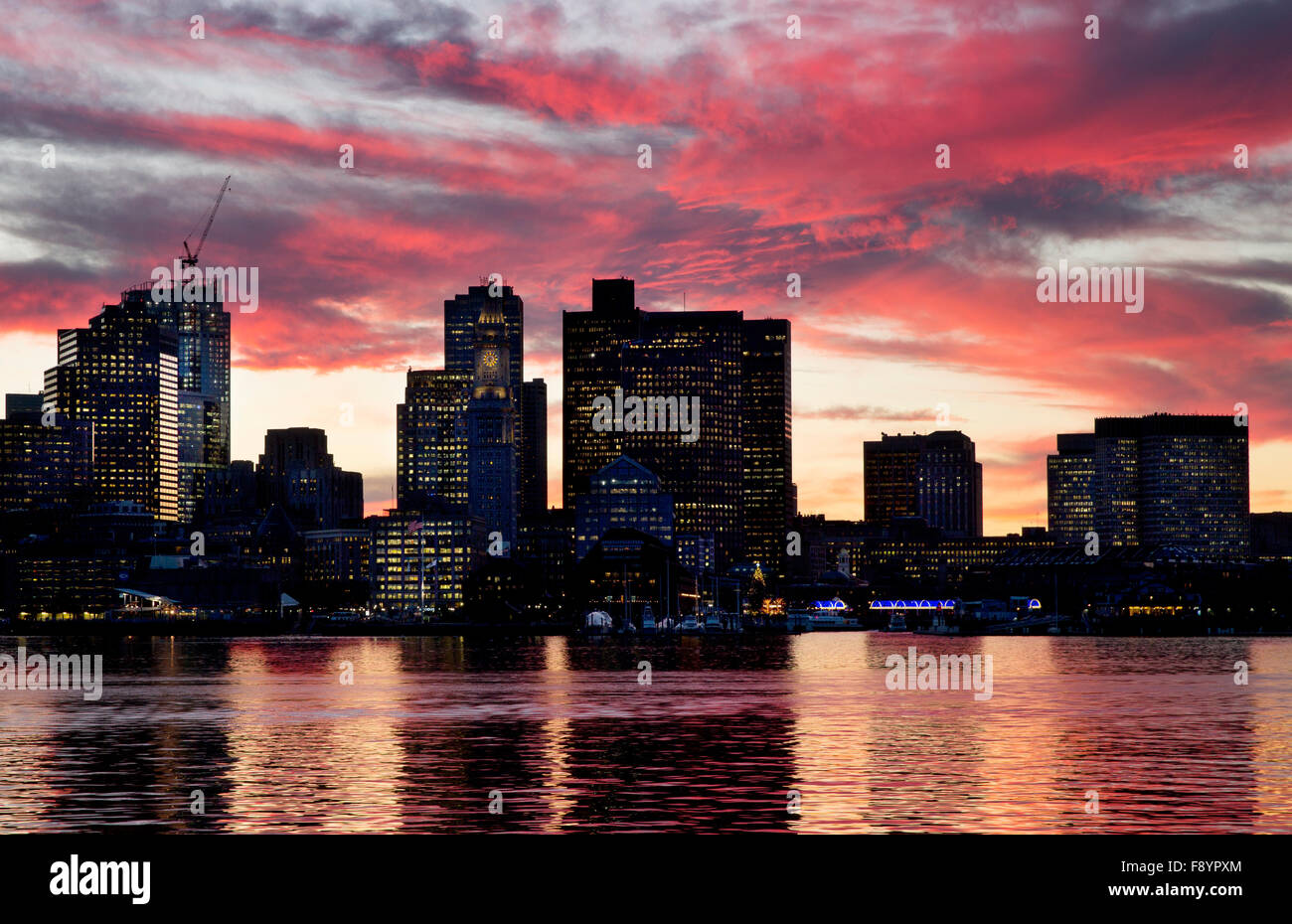 Boston harbor, city skyline sunset, East Boston, Massachusetts Stock