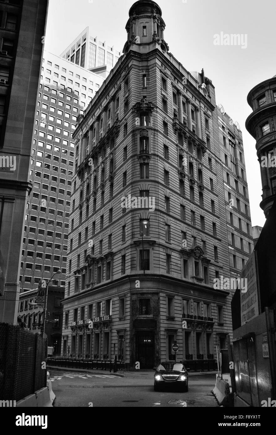 Lower Manhattan, Financial District. Old and new buildings are crowded together competing for space Stock Photo