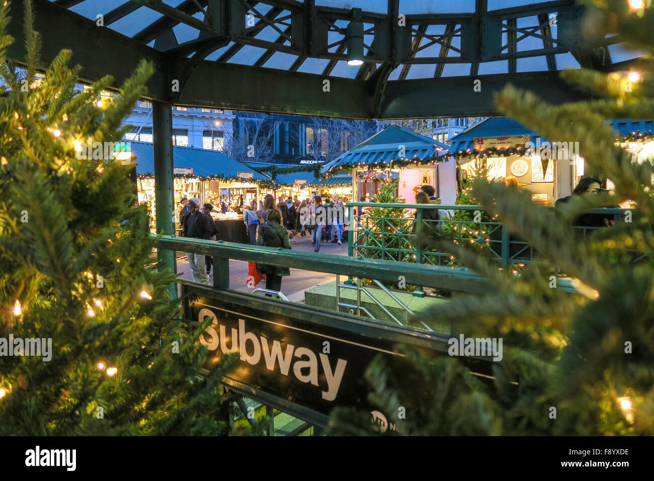 Subway entrance at Union Square with the Holiday Market in the background, NYC, USA Stock Photo