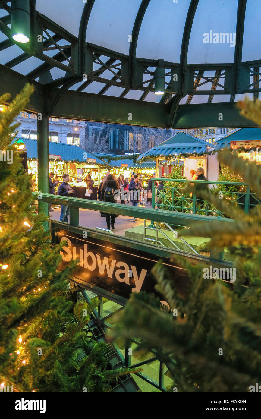 Subway entrance at Union Square with the Holiday Market in the background, NYC, USA Stock Photo