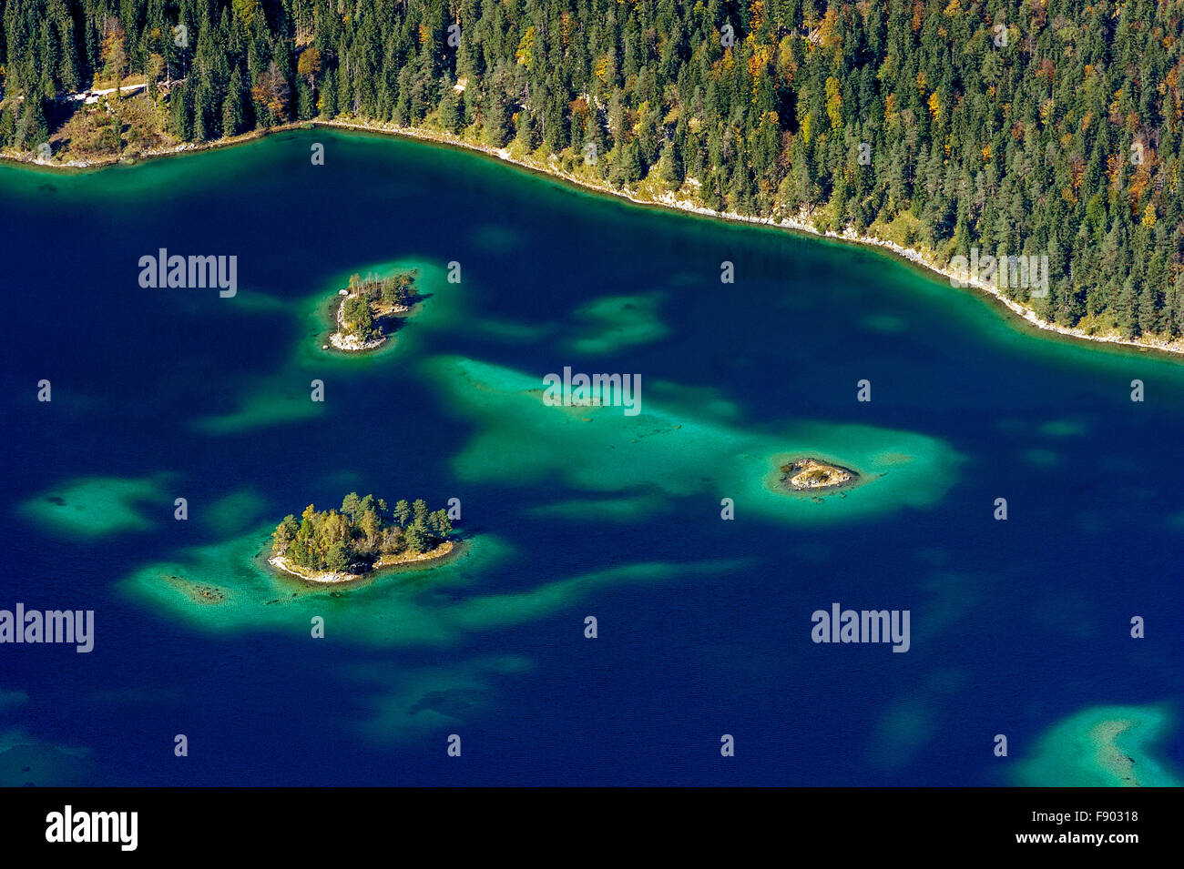 View of Eibsee Lake and EibseeHotel from Zugspitze, Grainau