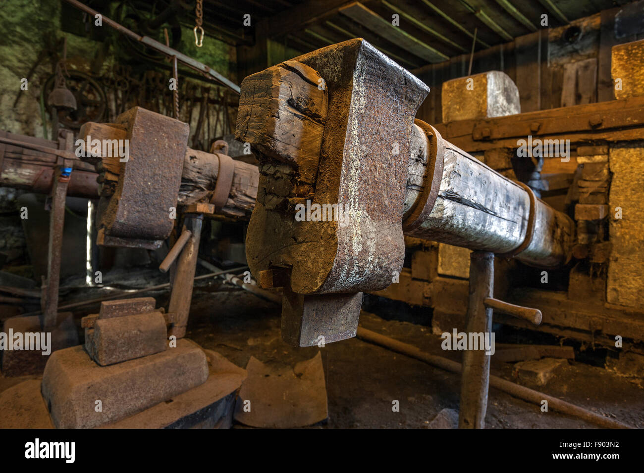 Interior, hammers, workshop in a historical hammer mill, Bad Oberdorf in Bad Hindelang, Allgäu, Bavaria, Germany Stock Photo