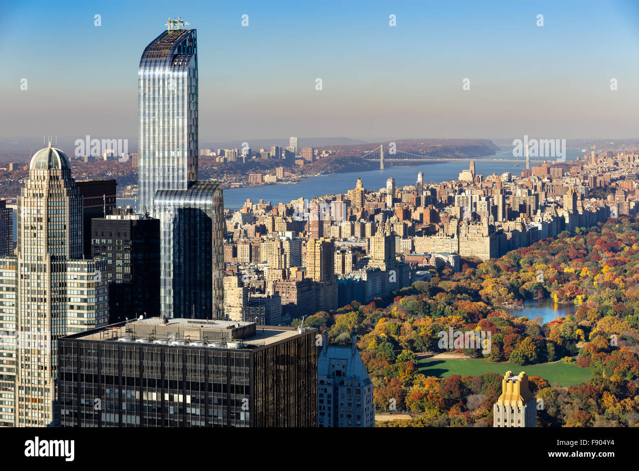 Aerial View of Central Park in Fall, Upper West Side with Midtown skyscrapers and the Hudson River, New York City. Stock Photo