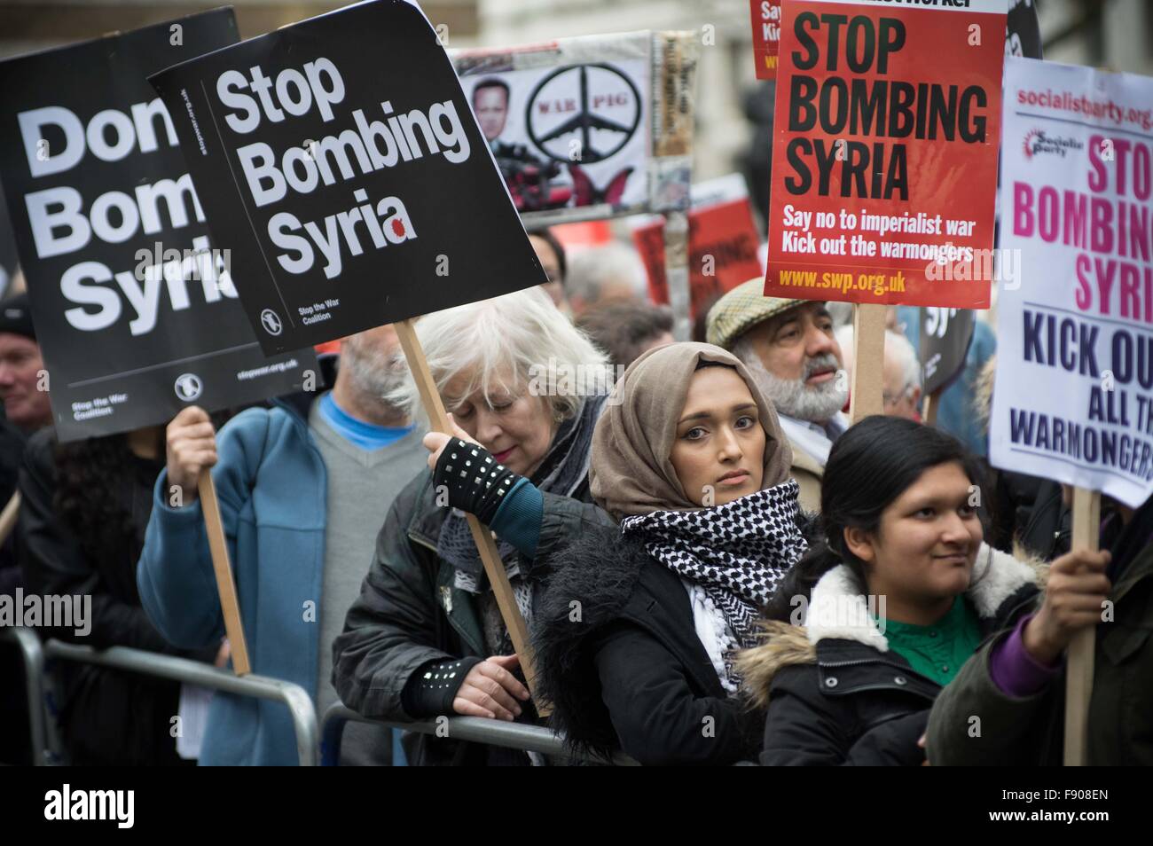 London, United Kingdom. 12th Dec, 2015. Thousand of protesters took part in anti war demonstration march and rally organized by the Stop The War Coalition in Central London to demand the British government to stop its air strike military action in Syria which started two weeks ago. Ethic Syrians who are anti Assad regime and pro Free Syrian Army supporters also took part in the demonstration. Credit:  Geovin So/Pacific Press/Alamy Live News Stock Photo