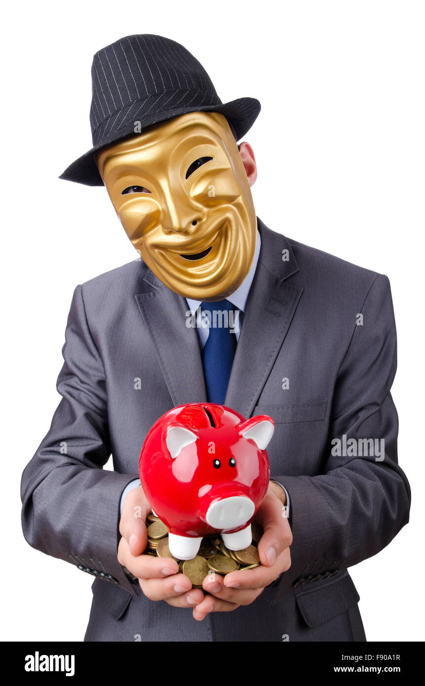 Man with piggybank on white Stock Photo - Alamy