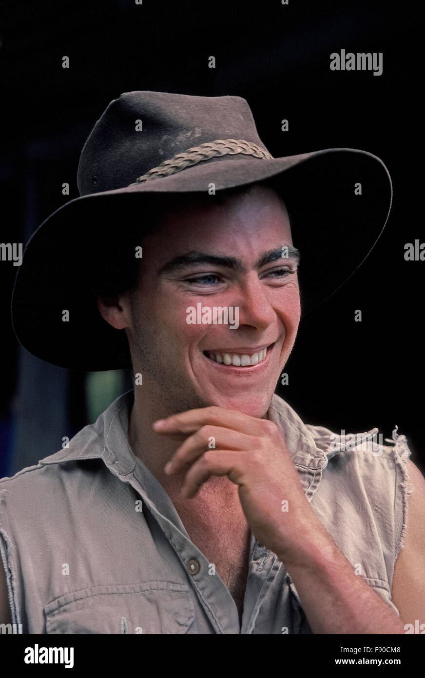 A young Aussie cowboy greets visitors with a smile in Snowy River country at Stockyard Creek near Mansfield, Victoria, Australia. Chris Stoney is also an actor who appeared in the 1988 Western adventure film, 'Return to Snowy River.' It was a sequel to the 1982 hit, 'The Man From Snowy River,' which starred Kirk Douglas and was nominated for a Golden Globe award as the Best Foreign Film. Model Released. Stock Photo