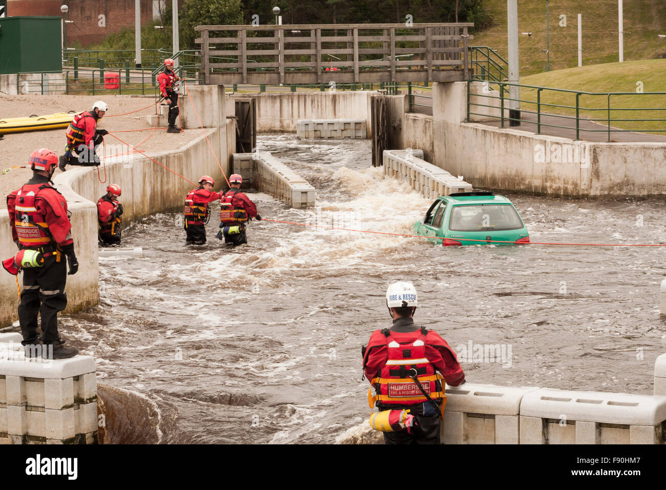 Humberside Fire and Rescue Service doing a river rescue training exercise at the Tees Barrage,Stockton-on-Tees,England,UK Stock Photo