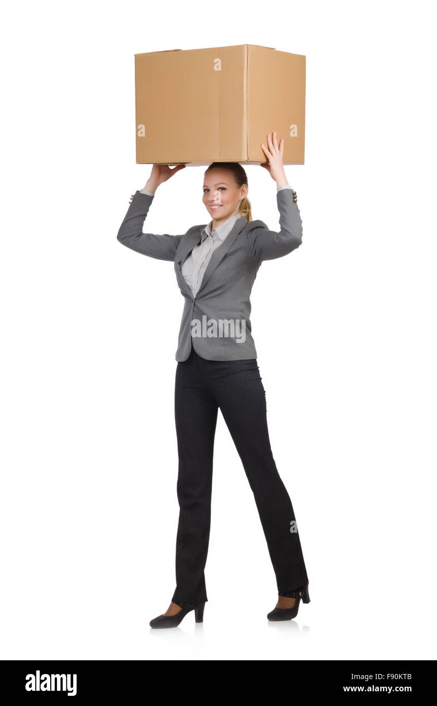 Woman businesswoman with boxes on white Stock Photo - Alamy