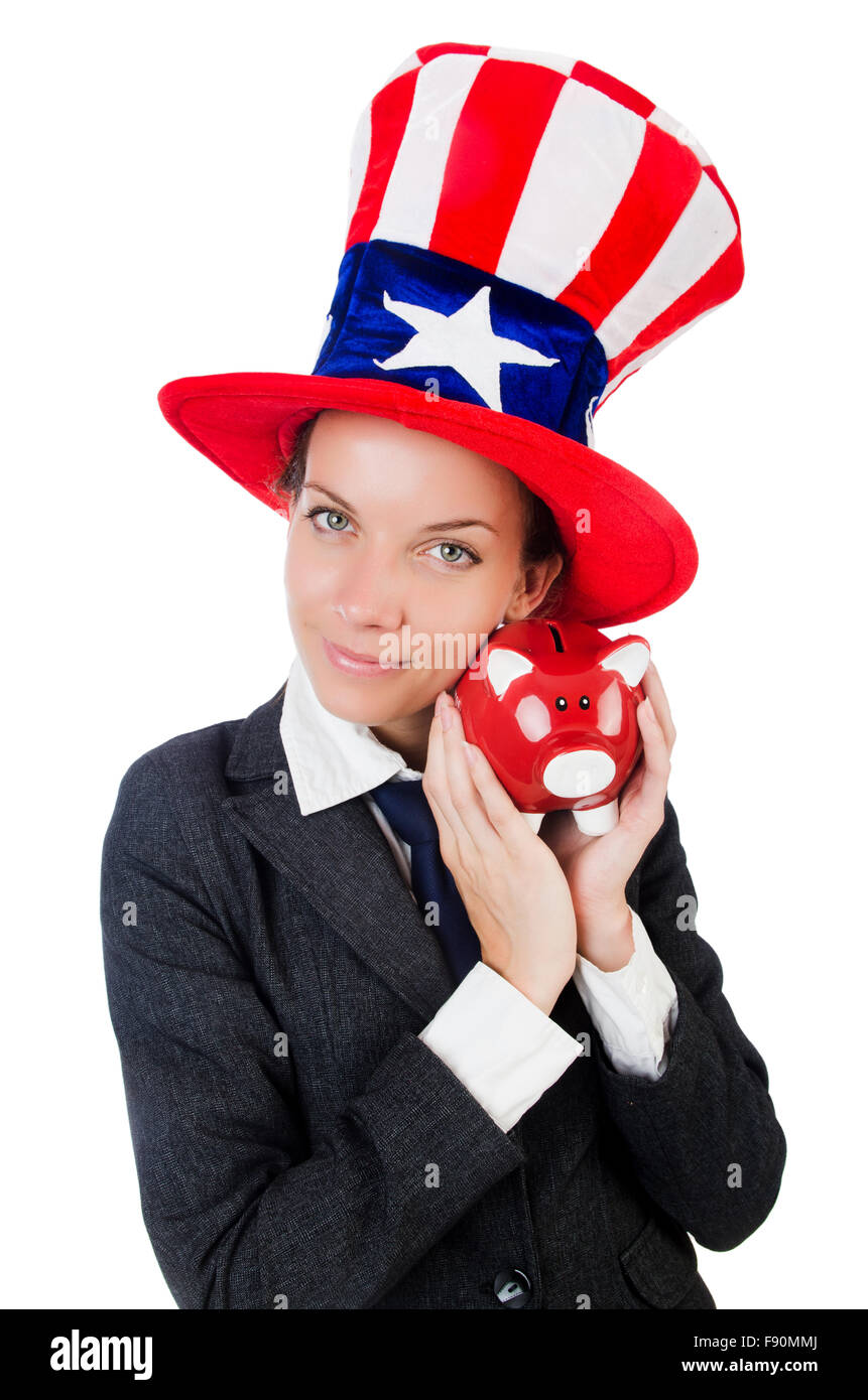 Businesswoman with piggy bank isolated on white Stock Photo - Alamy