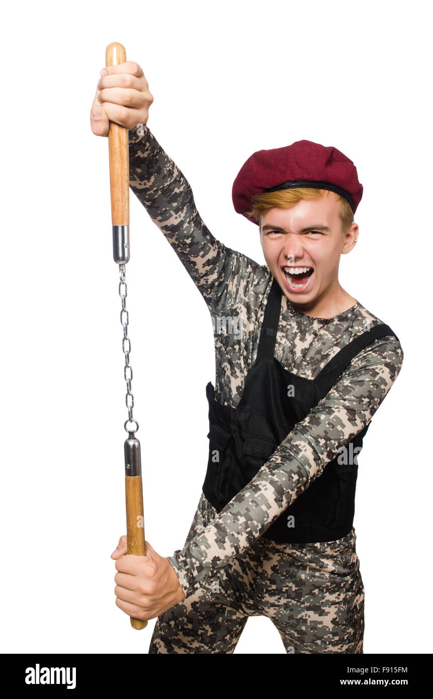 Funny soldier in military concept isolated on the white Stock Photo