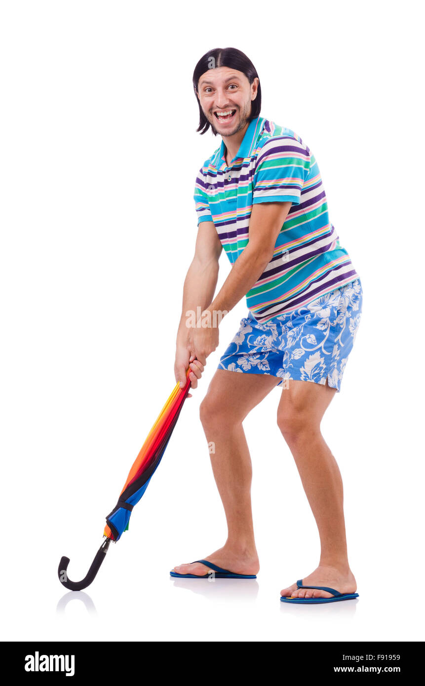 Positive man with colorful umbrella isolated on white Stock Photo - Alamy