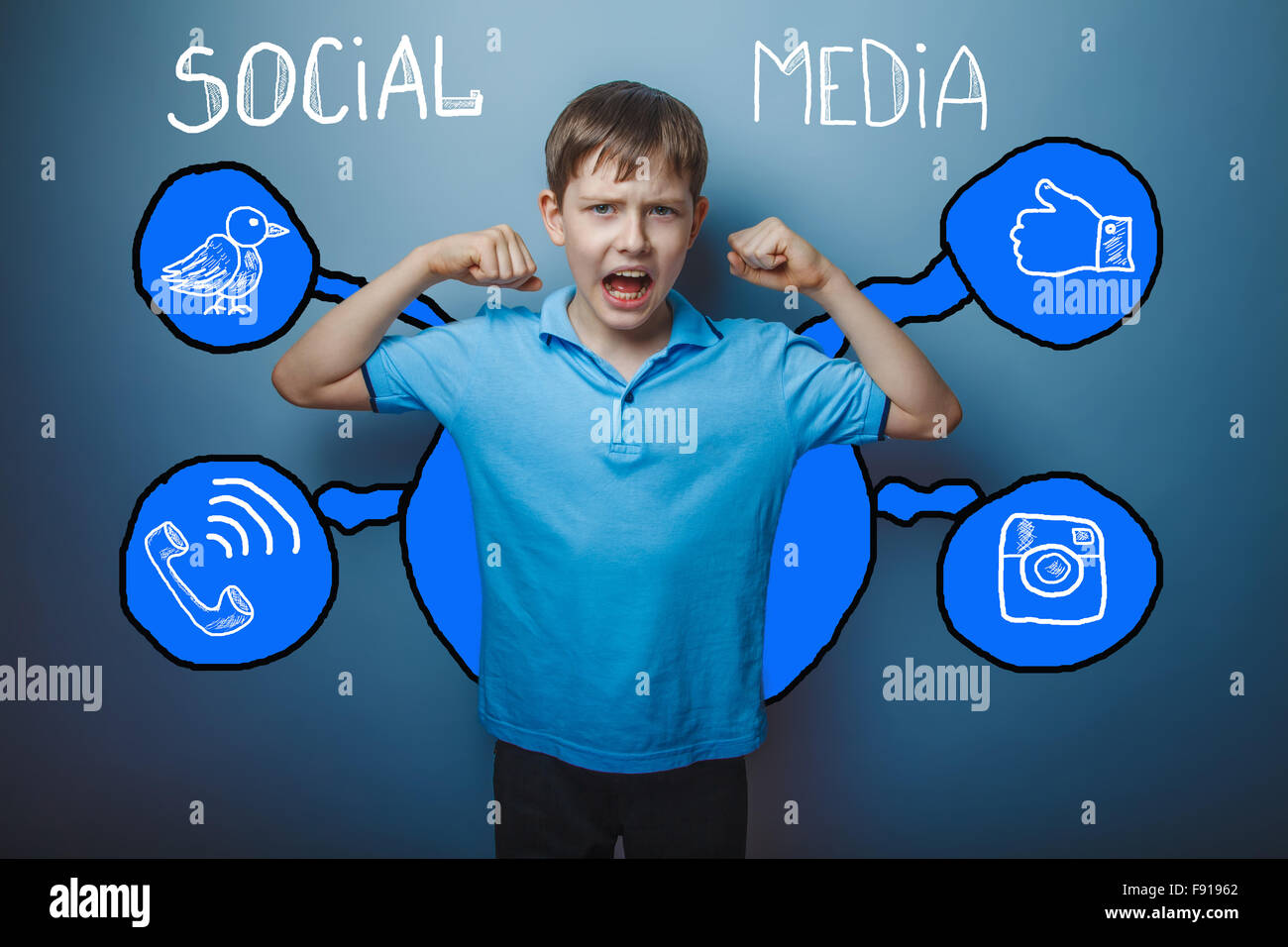 Teen boy shows the strength of his hands and shouts of social me Stock