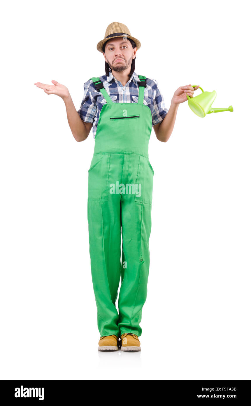 Young cheerful gardener with watering can isolated on white Stock Photo ...