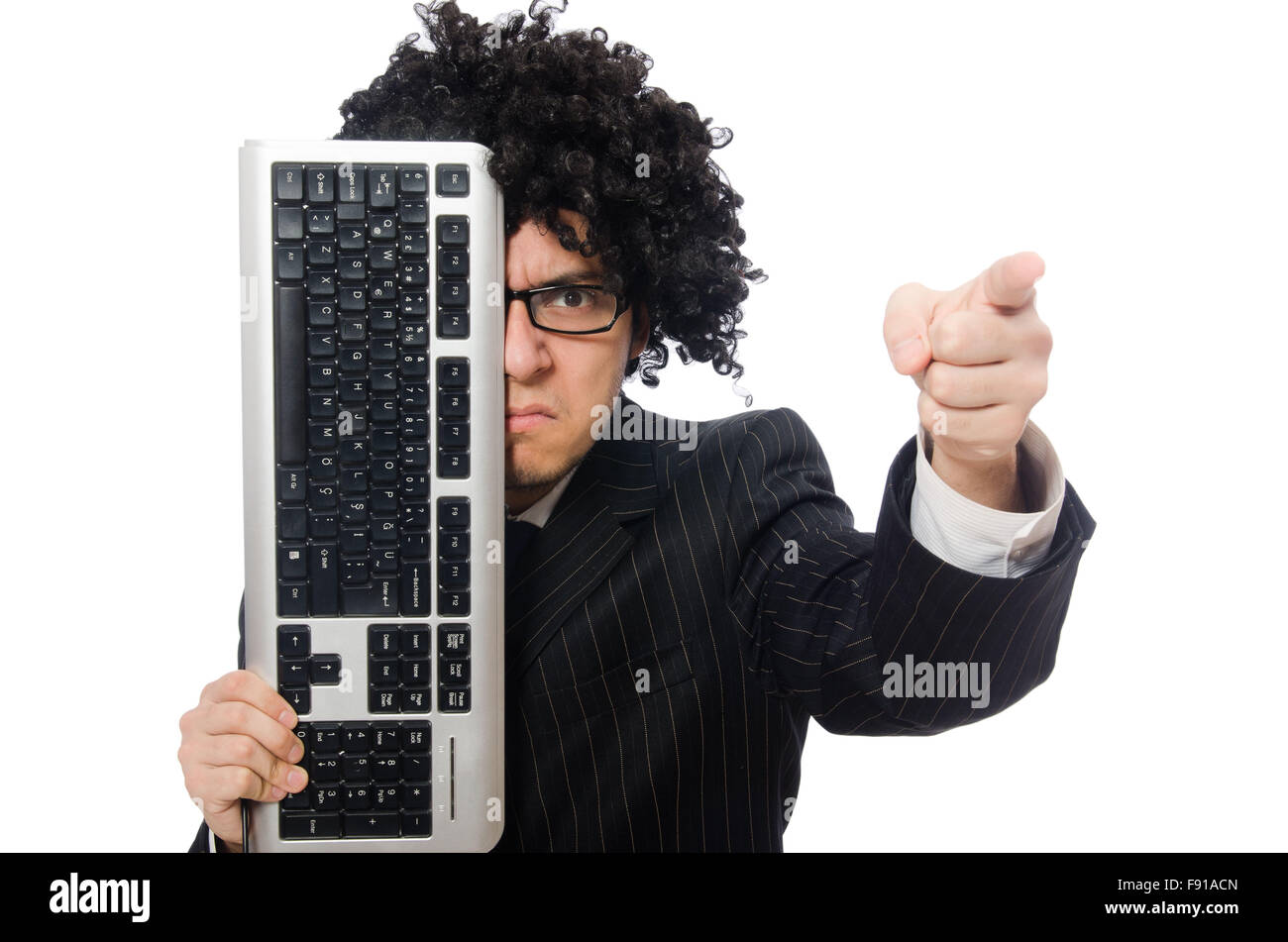 Keyborard Operator Young employee with keyboard isolated on white Stock Photo - Alamy