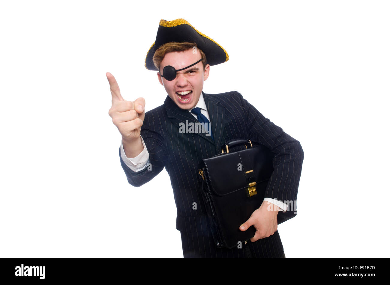 Young man in costume with pirate hat isolated on white Stock Photo Alamy
