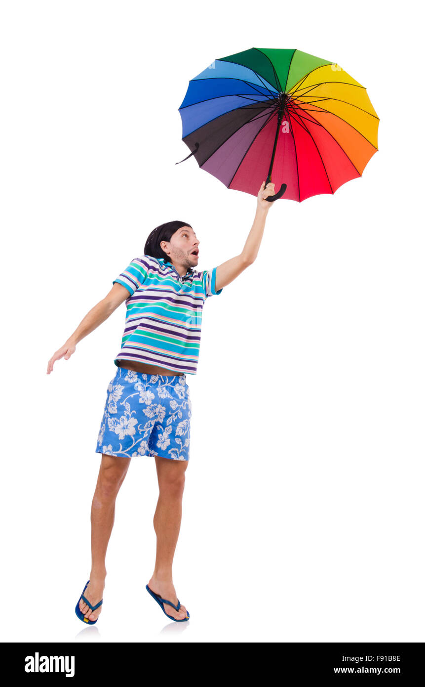 Positive man with colorful umbrella isolated on white Stock Photo - Alamy