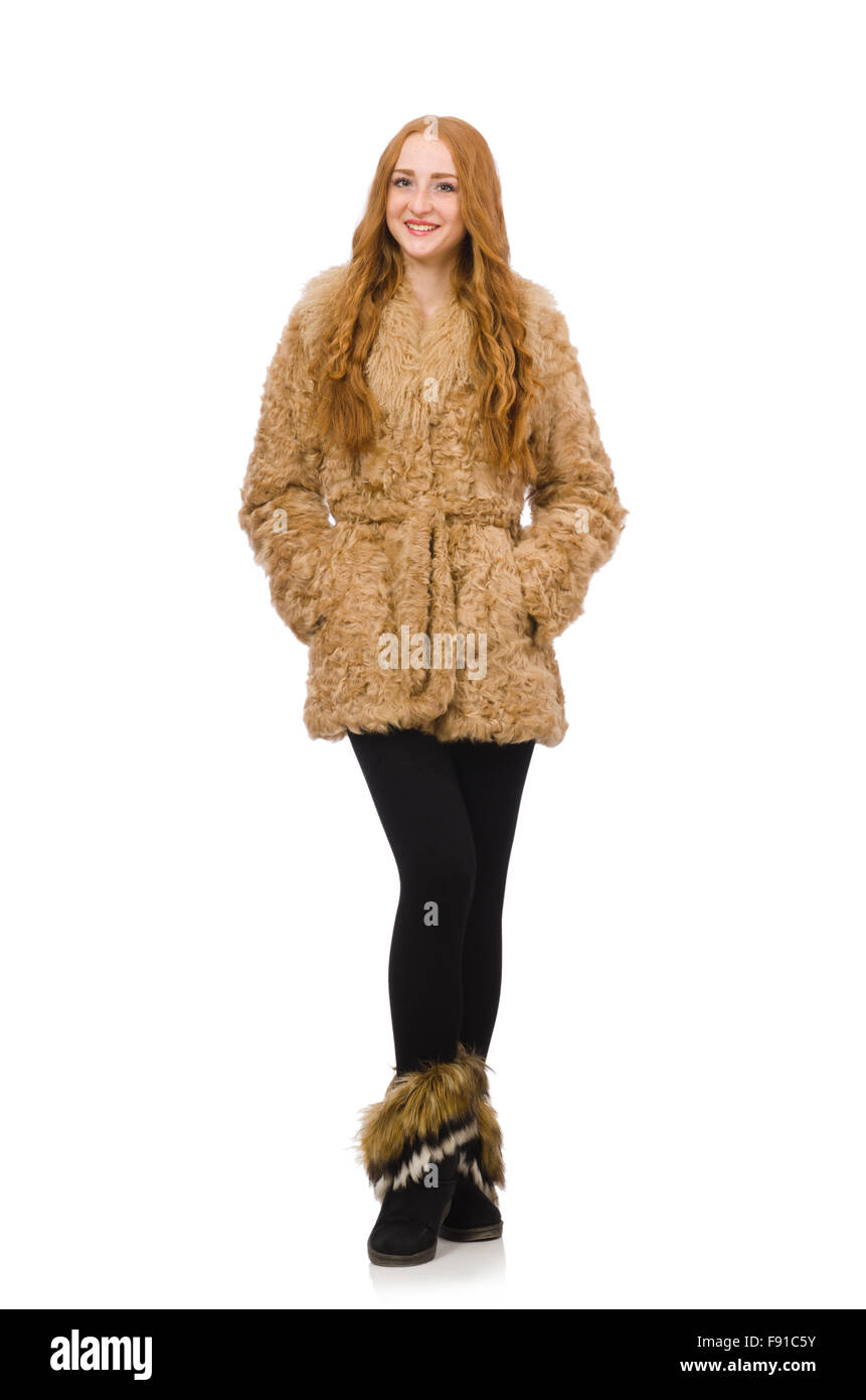 Redhead girl in fur coat isolated on white Stock Photo - Alamy