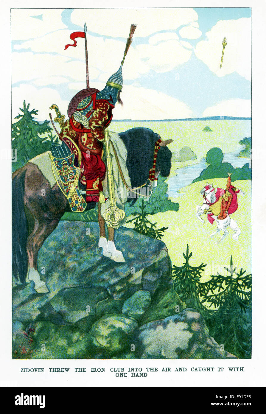 The caption for this 1923 illustration reads: Zidovin threw the iron club into the air and caught it with one hand. The great Russian hero Ilia Muromec watched this and then rode forward to do battle. Ilia was born in Kiev. For thirty years, he and twelve knights had guarded the city castle, until one day the mighty Zidovin appeared. The battle between Zidovin and Ilia was mighty and fierce, with Ilia vanquishing Zidovin. Stock Photo