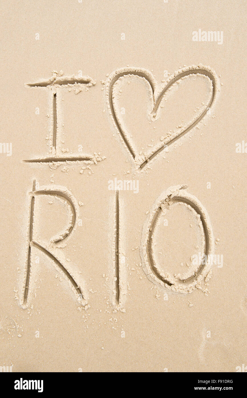 I heart Rio message handwritten in sand as a declaration of love for Rio de Janeiro, Brazil, the Cidade Maravilhosa Stock Photo