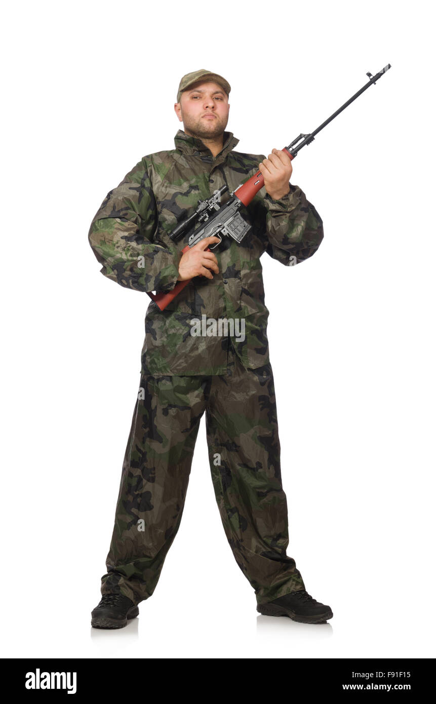 Young man in soldier uniform holding gun isolated on white Stock Photo