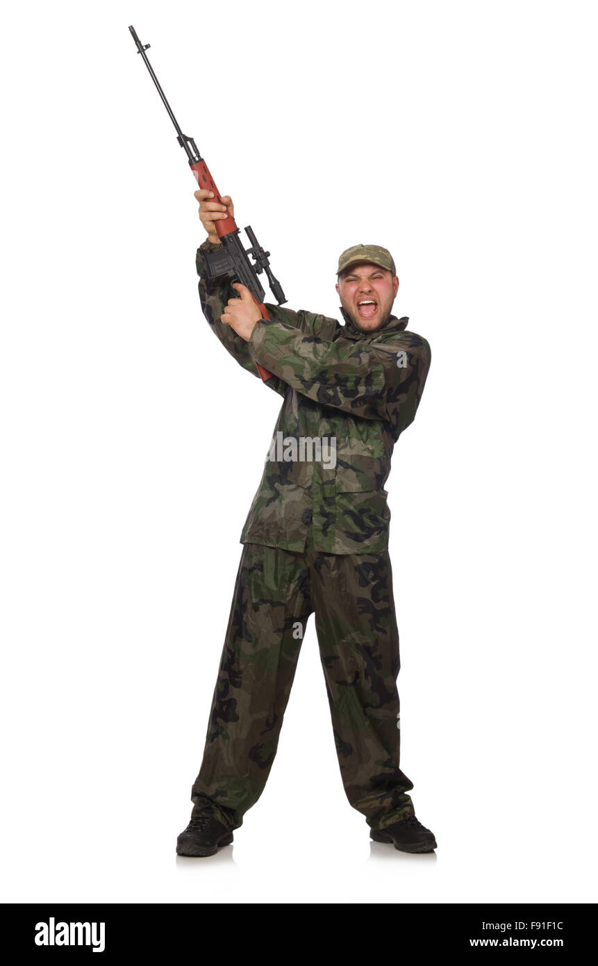 Young man in soldier uniform holding gun isolated on white Stock Photo ...