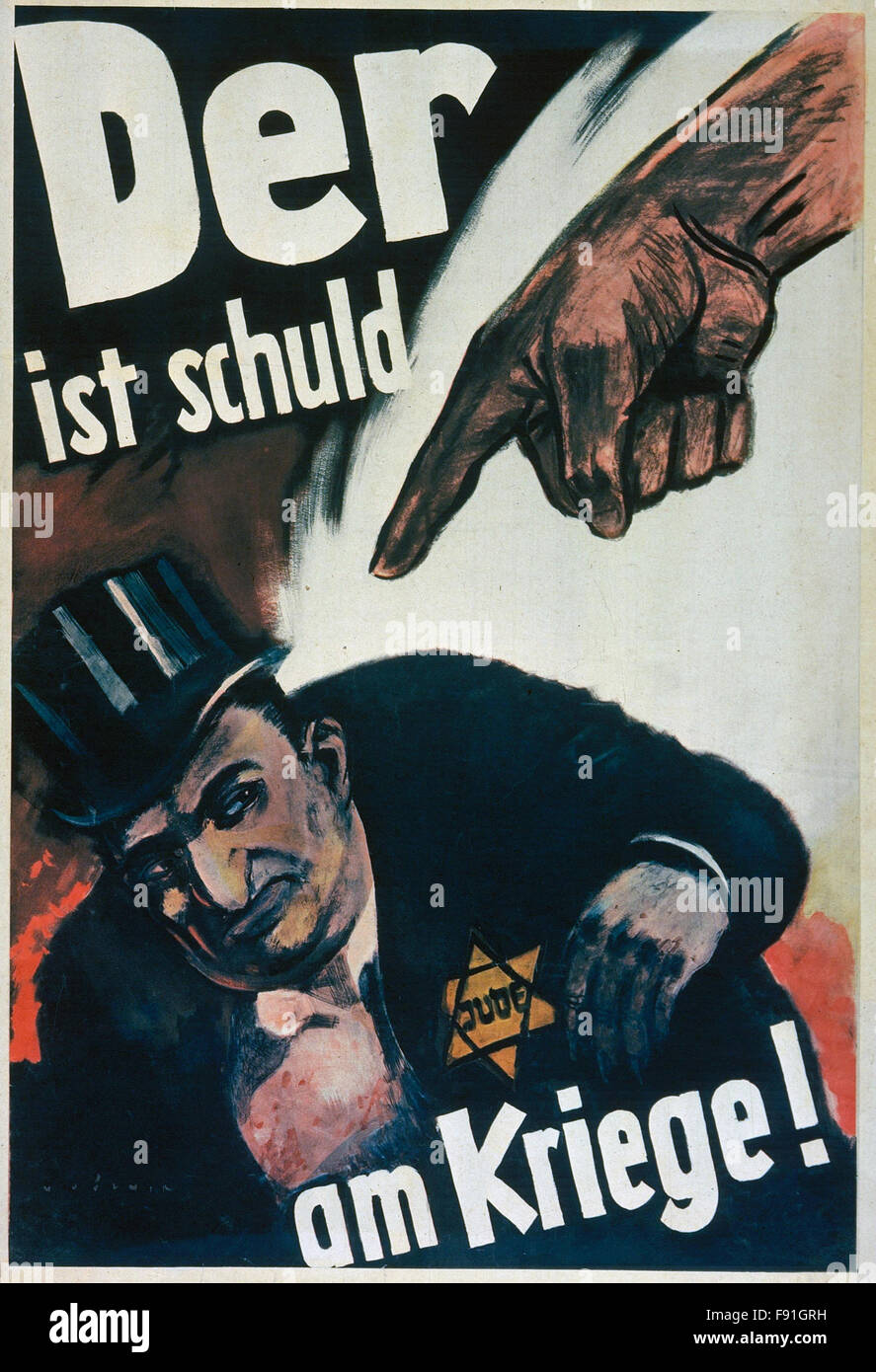 WW2 Nazi German anti Semitic poster depicting a Jewish man with prominent exaggerated nose wearing the yellow star of David Stock Photo
