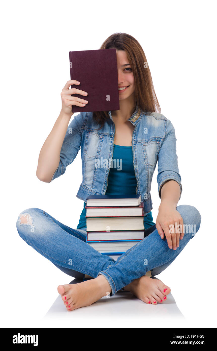 Student girl with books on white Stock Photo - Alamy