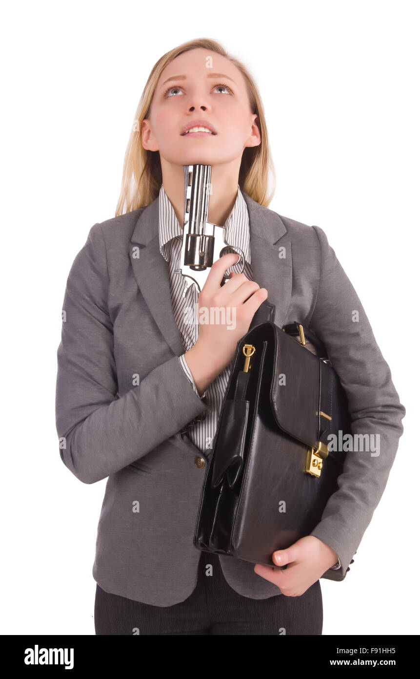 Pretty office employee with briefcase and handgun isolated on white Stock Photo