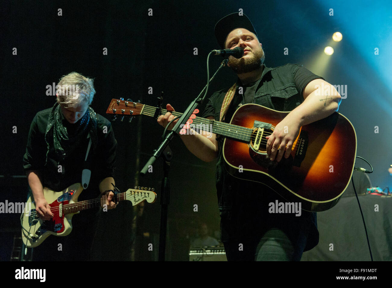 Milwaukee, Wisconsin, USA. 11th Dec, 2015. Musician RAGNAR PORHALLSSON (R) and BRYNJAR LEIFSSON from Of Monsters and Men perform live on stage during the FM 102/1 Big Snow Show X at Eagles Ballroom/The Rave in Milwaukee, Wisconsin © Daniel DeSlover/ZUMA Wire/Alamy Live News Stock Photo
