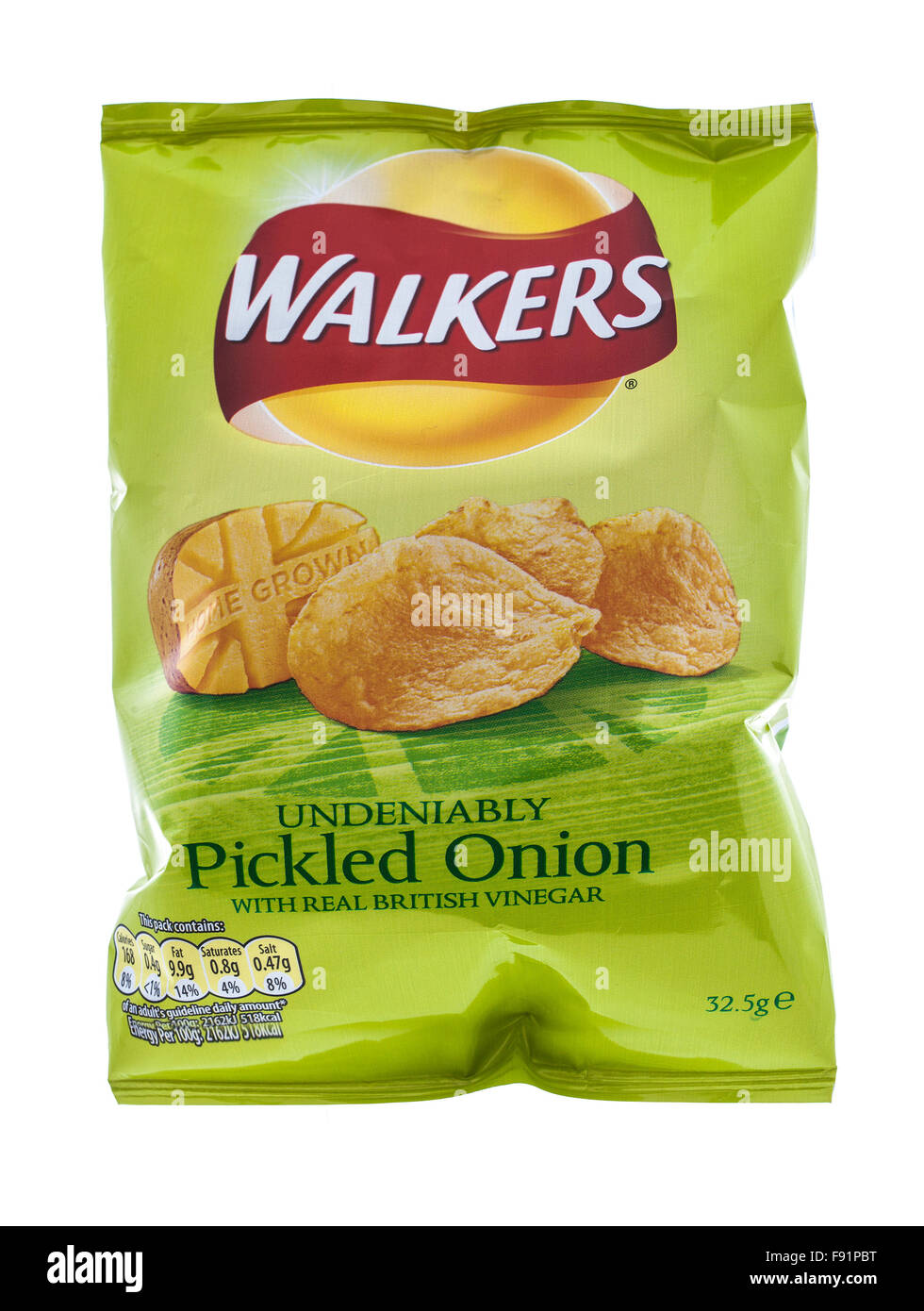 Packet Of Walkers Pickled Onion Crisps on a White Background Stock Photo