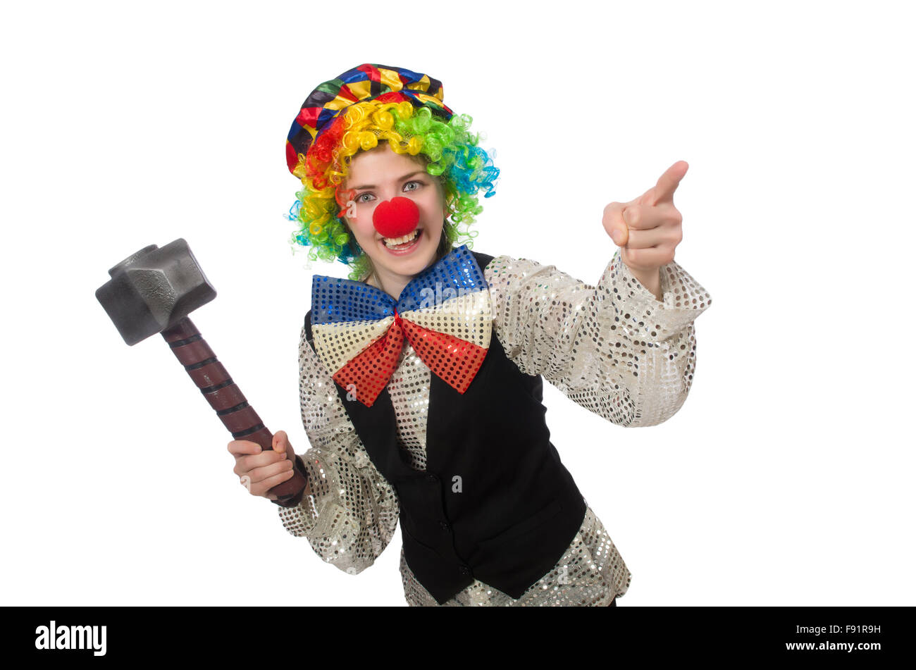Female clown with hammer isolated on white Stock Photo Alamy
