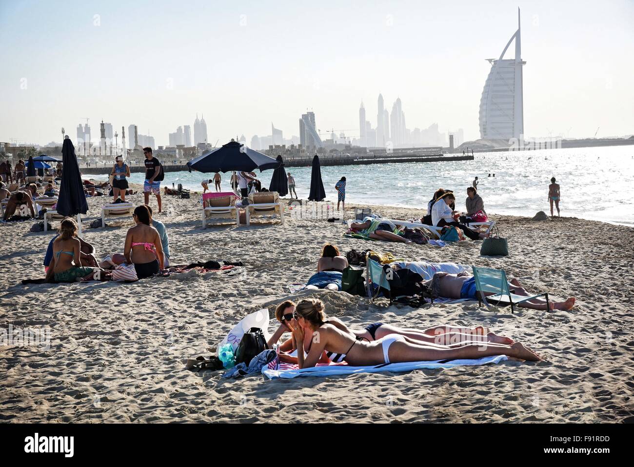 United Arab Emirates Dubai Kite Beach  windsurfing, kite boarding seaside resort on the Arabian Gulf. Stock Photo