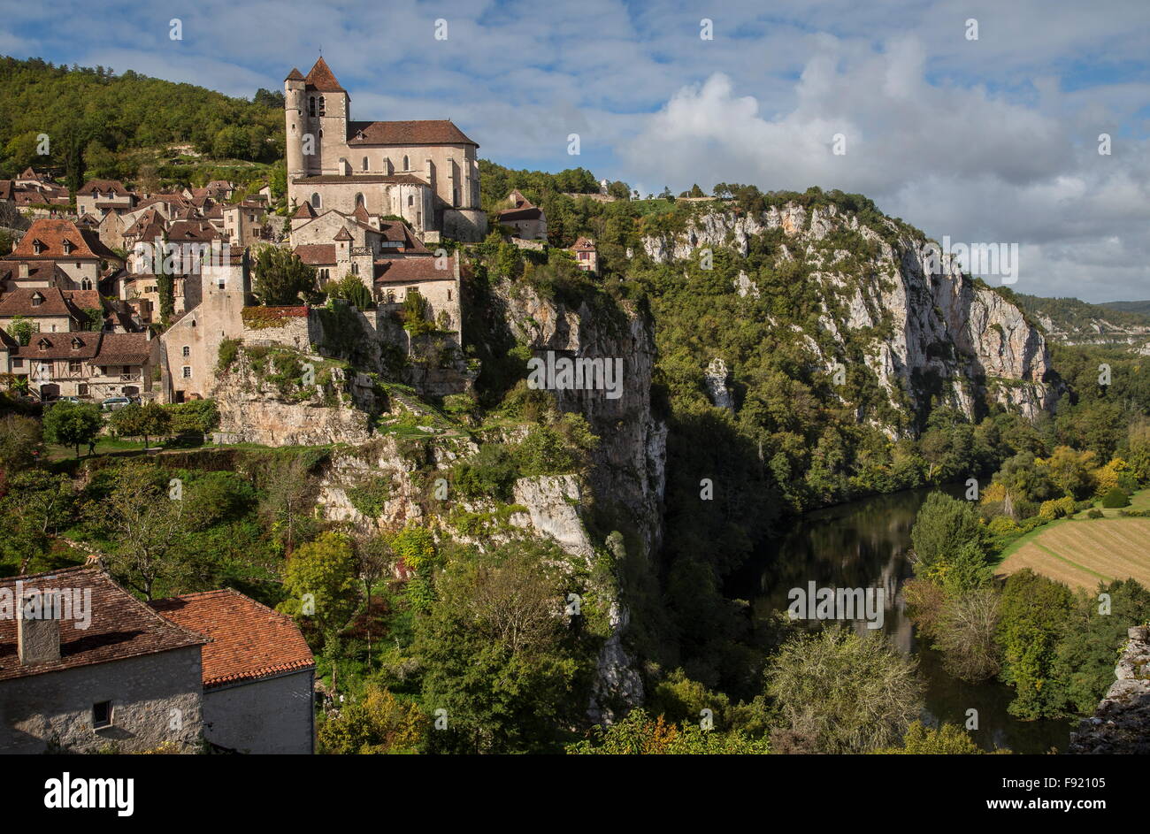 The old cliffside village of Saint-Cirq-Lapopie, above the river Lot. France. Stock Photo