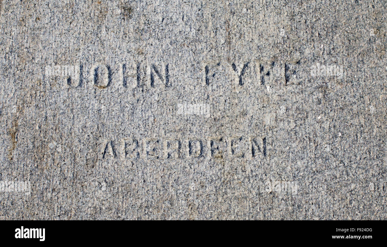 The words John Fyfe Aberdeen carved into the stone of Roker lighthouse, Sunderland, England, UK Stock Photo