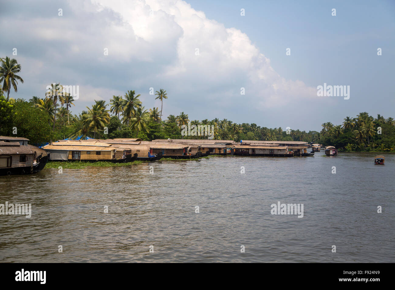 Backwaters in Kerala, India. The backwaters are an extensive network of 41 west flowing interlocking rivers, lakes and canals th Stock Photo