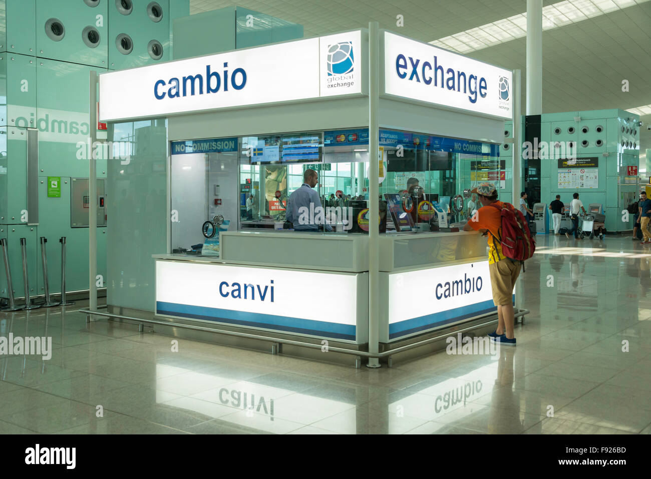 Currency exchange (Cambio) booth inside Barcelona–El Prat Airport, El Prat de Llobregat, Baix Llobregat County, Catalonia, Spain Stock Photo