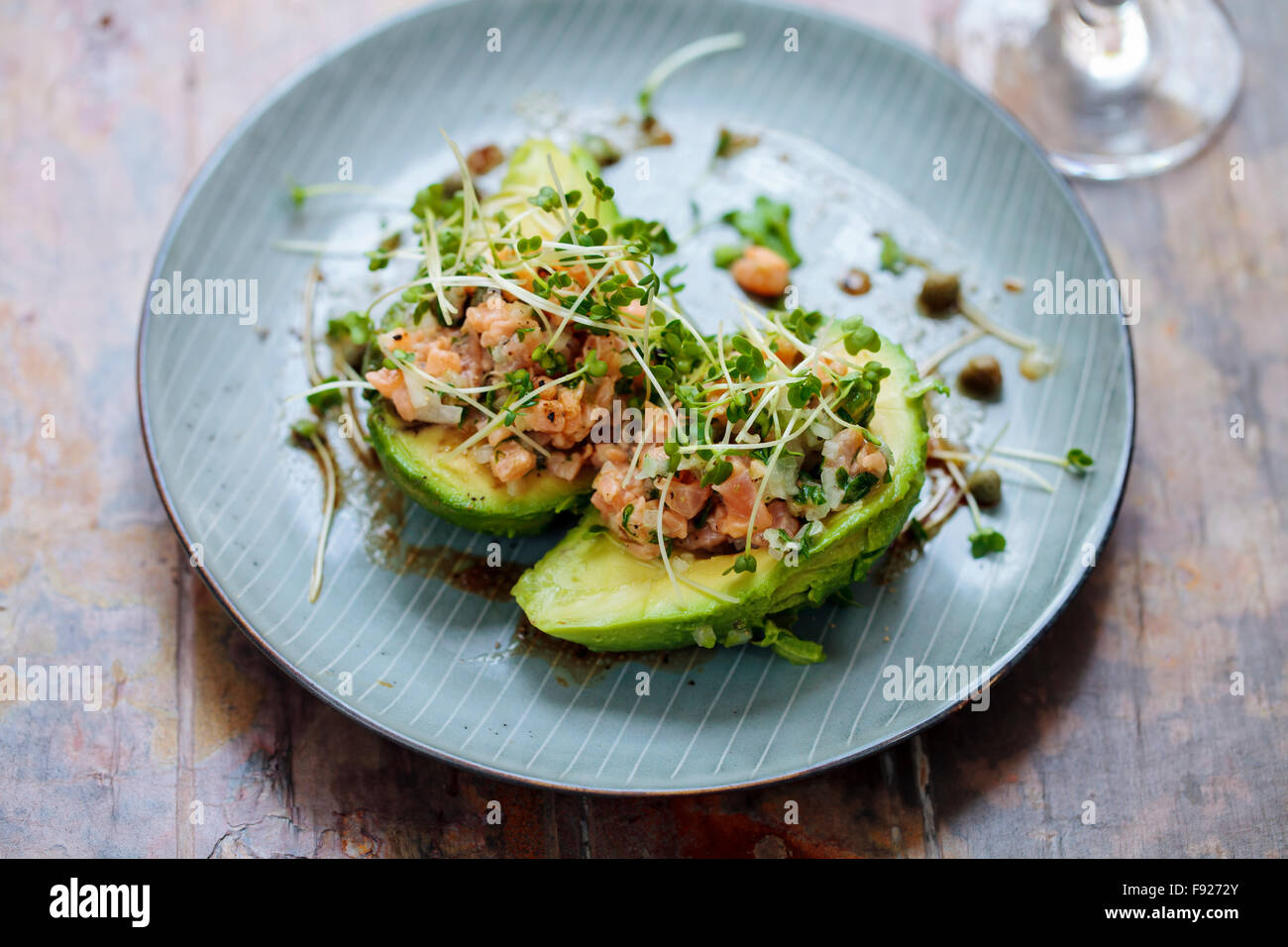 Salmon tartare and avocado Stock Photo