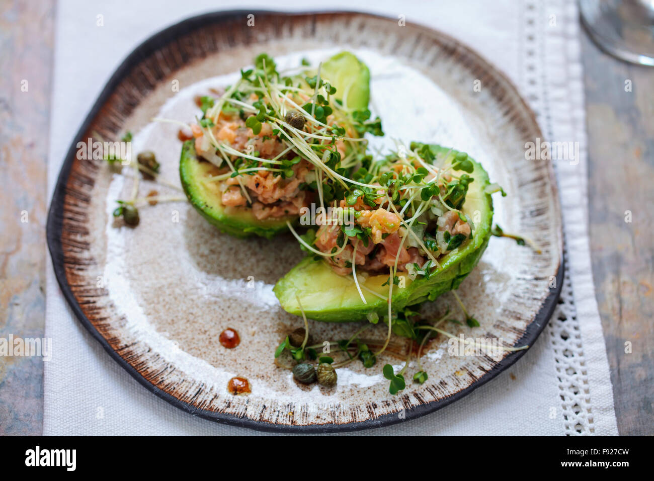 Salmon tartare and avocado Stock Photo