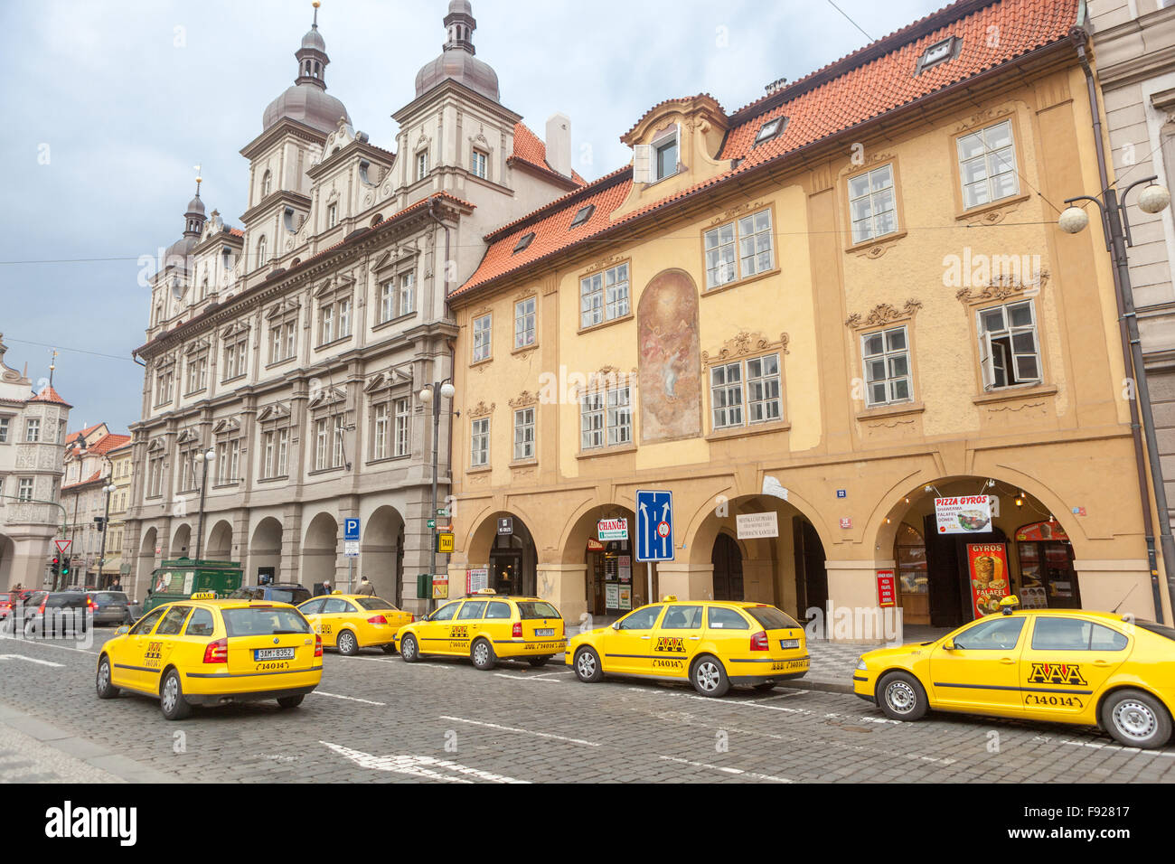 Taxi cab, Lesser Town square, Malostranske namesti square, Prague, Czech Republic Stock Photo