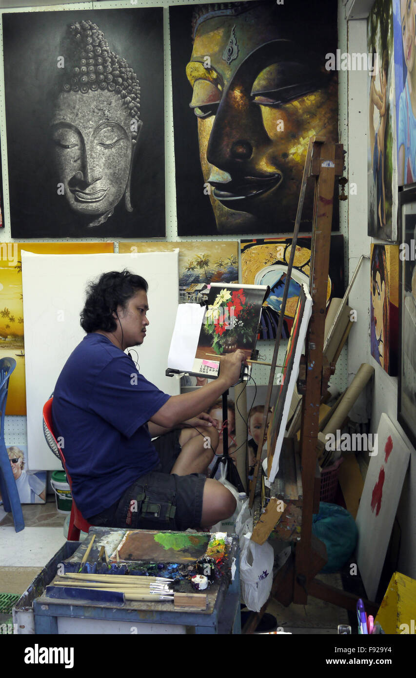 Artists and Painters creating original works of art and copying famous paintings and photographs in Art Street Pattaya Thailand Stock Photo