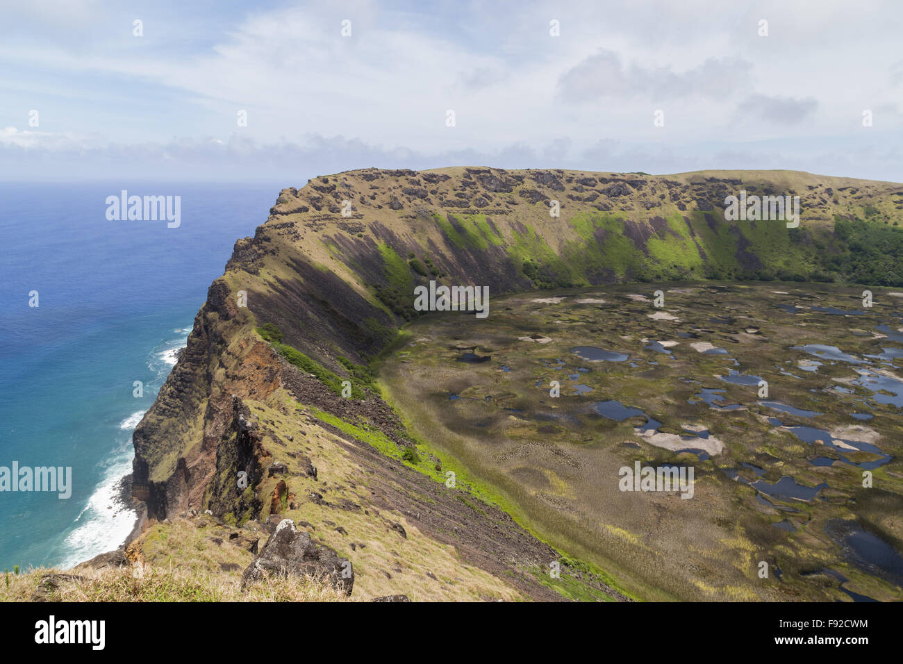 Photograph of the crater of volcano Rano Kau on Rapa Nui, Easter Island
