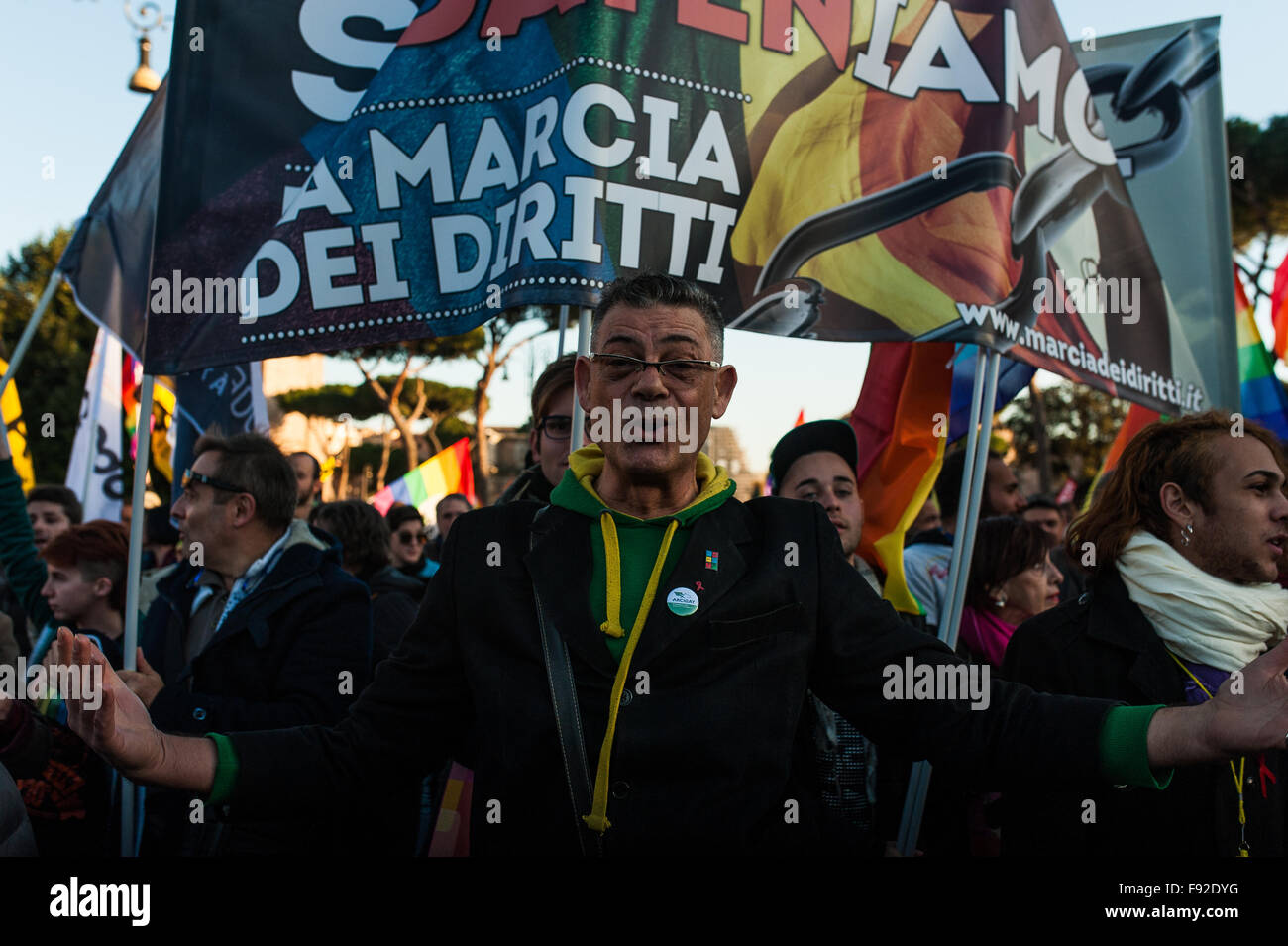 People march for gay and lgbt rights in rome with rainbows flags Stock Photo