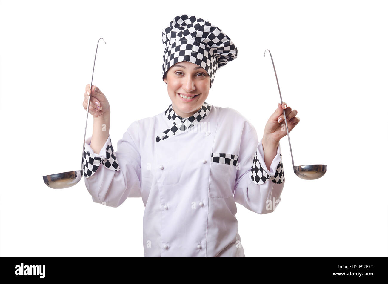 Woman cook with ladle on white Stock Photo - Alamy