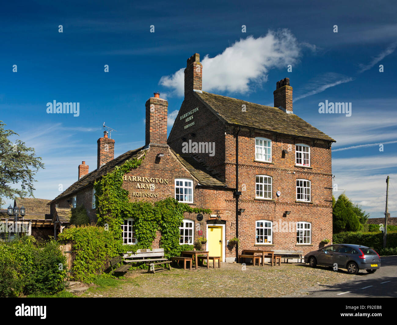 UK, England, Cheshire, Gawsworth, Harrington Arms, historic village farm-pub Stock Photo