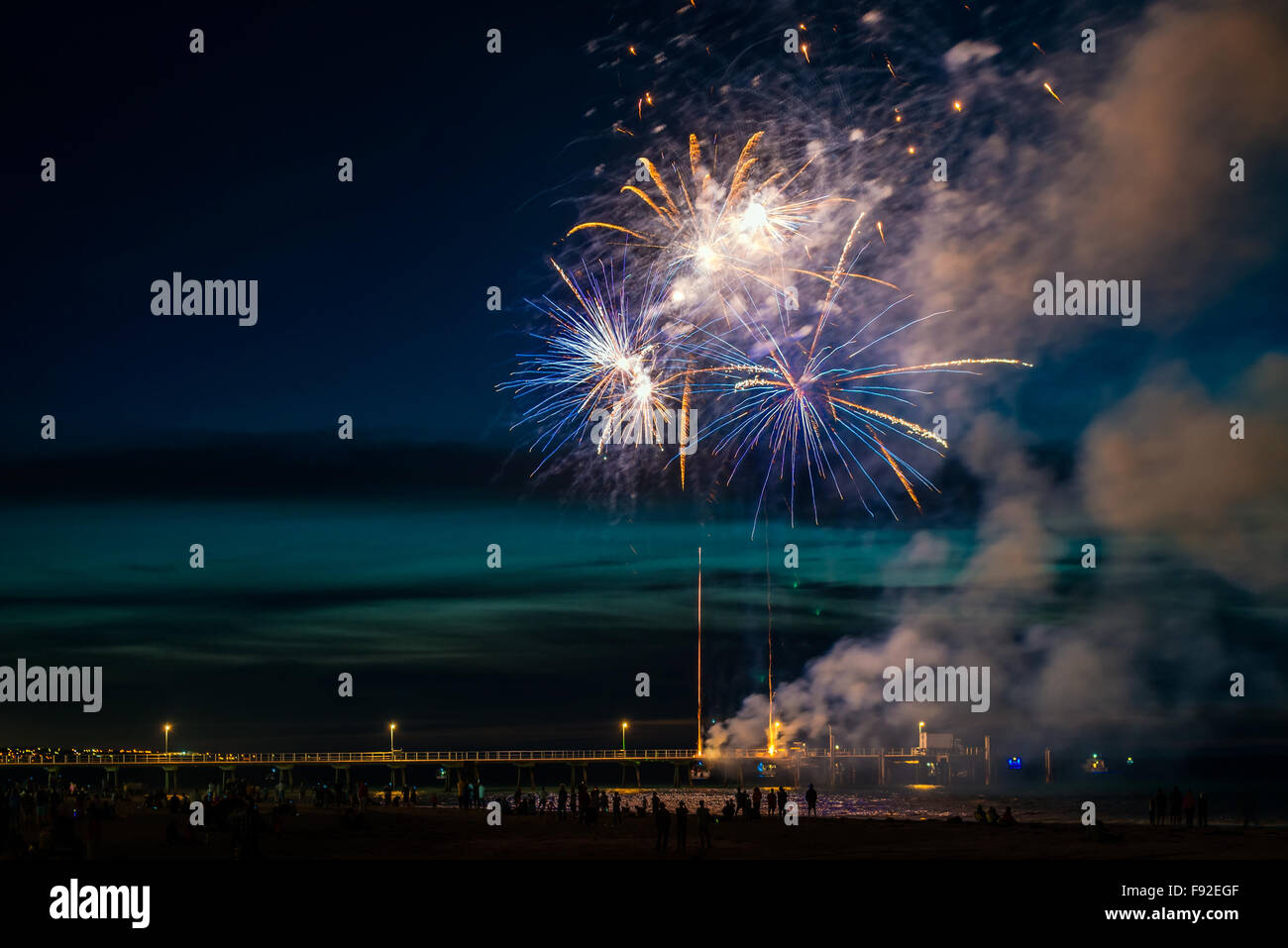 New Year Fireworks display at Glenelg beach, South Australia Stock Photo