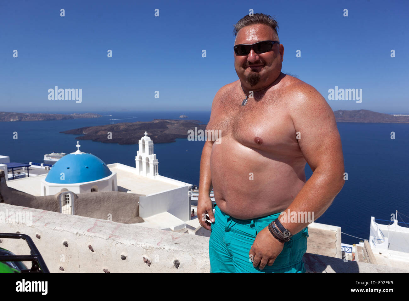 Man from Finland, tourist on trip, Thira Santorini, Greek island, Greece Stock Photo