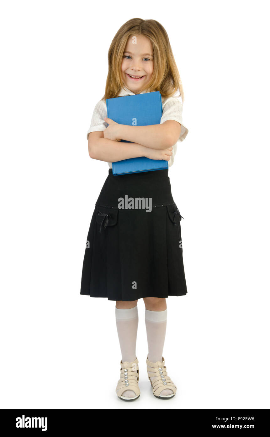 Little girl with books on white Stock Photo - Alamy